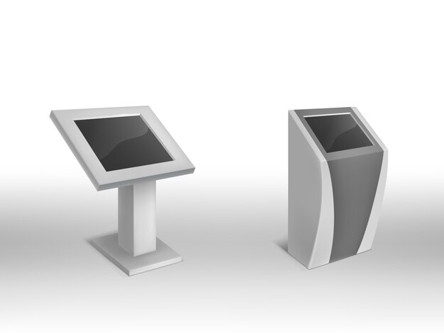 3d realistic digital informational kiosks, interactive digital signage with blank screen. 