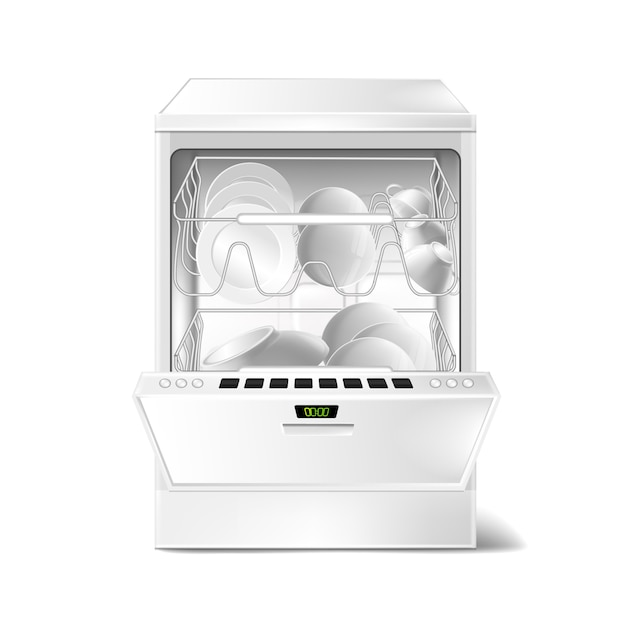 3d realistic dishwasher with open, closed door. Digital display on dishwashing machine 