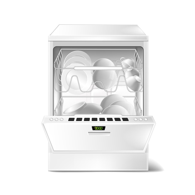 Бесплатное векторное изображение 3d реалистичная посудомоечная машина с открытой, закрытой дверью. цифровой дисплей на посудомоечной машине