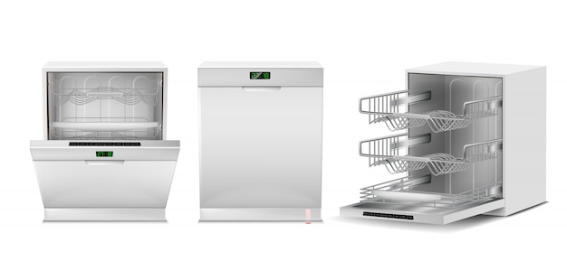 3d realistic dishwasher with open, closed door, digital display