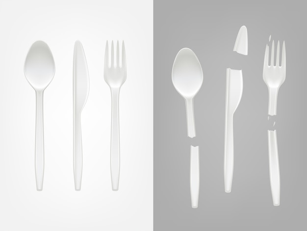 3d realistic disposable plastic cutlery - spoon, fork, knife and broken tools