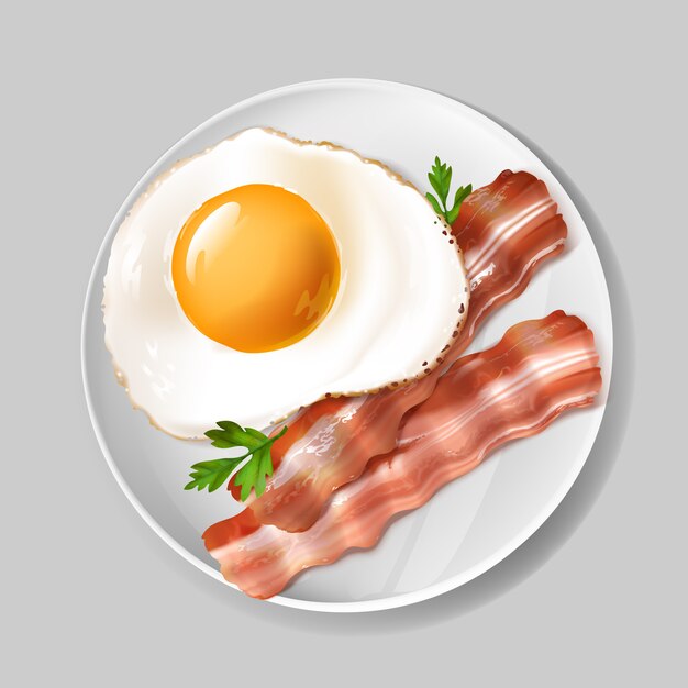 3d реалистичный английский завтрак - вкусный бекон, жареное яйцо с зеленой петрушкой на белой тарелке.
