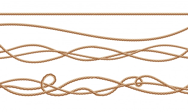 Free vector 3d realistic fiber ropes - straight and tied up. jute or hemp twisted cords with loops
