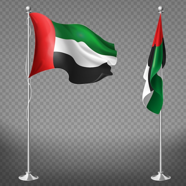 Бесплатное векторное изображение 3d реалистичные флаги объединенных арабских эмиратов на стальных полюсах, изолированных на прозрачном фоне