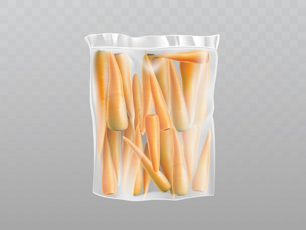 플라스틱 포장에 3d 현실 신선한 당근입니다. 오렌지 야채를 사용한 투명 포장