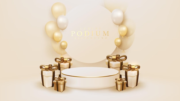 3d realistic gift box with golden ribbon and balloons surround white podium
