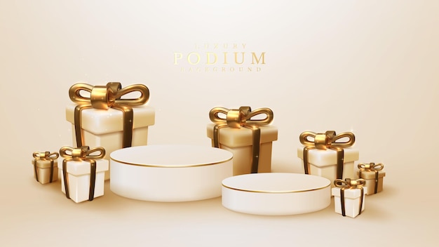 3d realistic gift box with golden ribbon surround white podium, modern luxury background, festival backdrop design for placing products sample for sale or advertising. vector illustration.