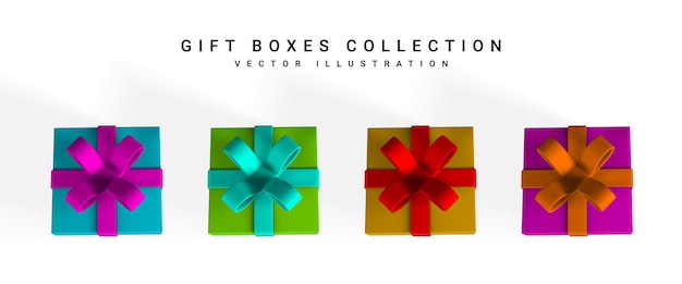 3d realistic gift boxes with bow top view. red paper box with white ribbon and shadow isolated on white background. vector illustration.
