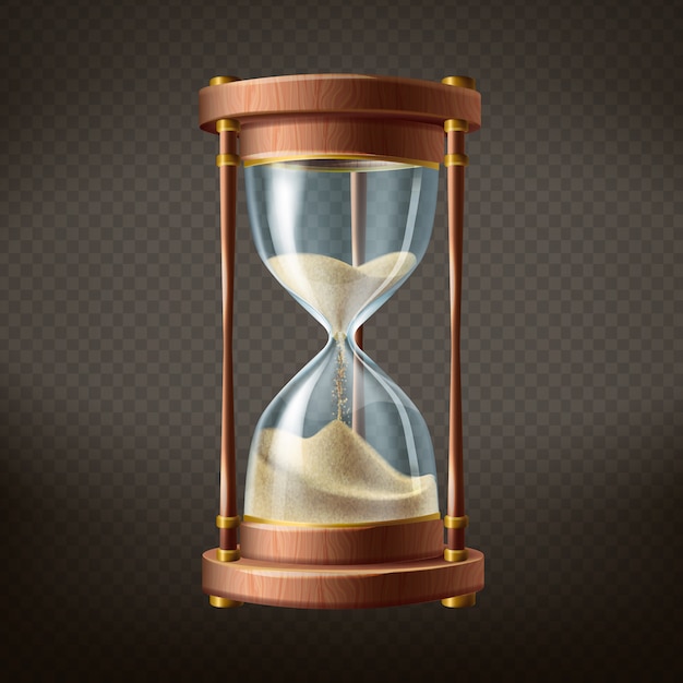 3d realistic hourglass with running sand inside, isolated on dark transparent background. 