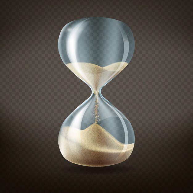 3d realistic hourglass with running sand inside, isolated on dark transparent background. 