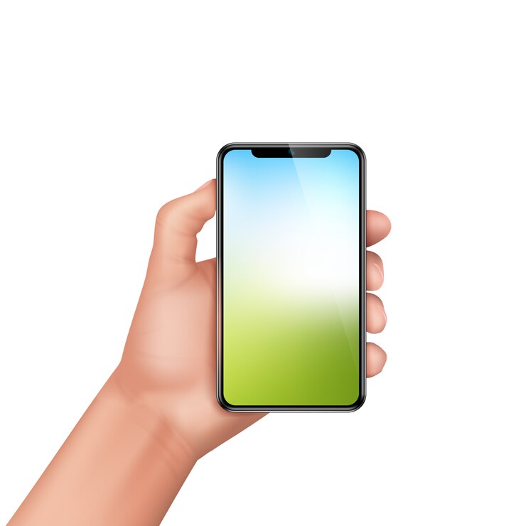 Free Vector 3d realistic human hand holding smartphone. template, mock up for mobile app or advertisment.