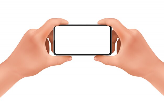 3d現実的な人間の手が写真を撮るためのスマートフォンを持っています。