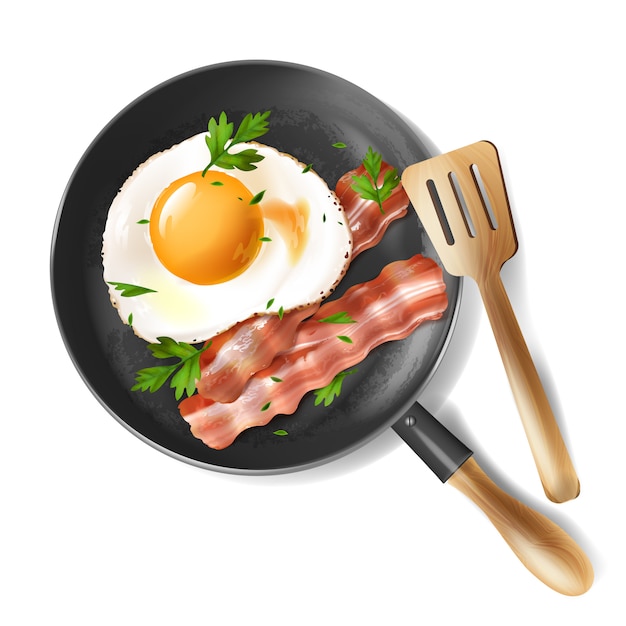 3d realistic illustration of fried eggs with roasted bacon strips and green parsley