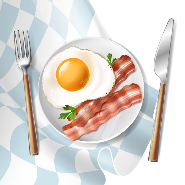 3d realistic illustration of fried eggs with roasted bacon strips and green parsley