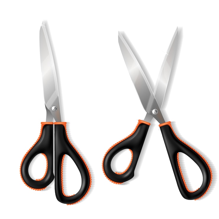 मुफ़्त वेक्टर 3d realistic metallic scissors with rubber handle. shining steel of blades, office stationery