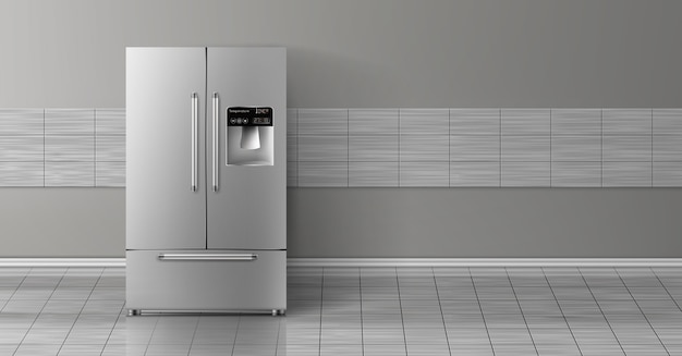 Free vector 3d realistic mock up with gray two-chambered refrigerator isolated on tile wall.