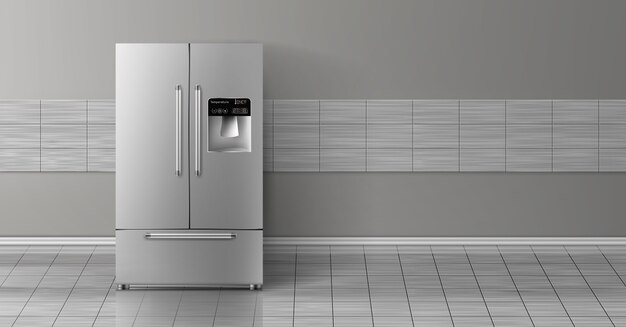 3d realistic mock up with gray two-chambered refrigerator isolated on tile wall. 