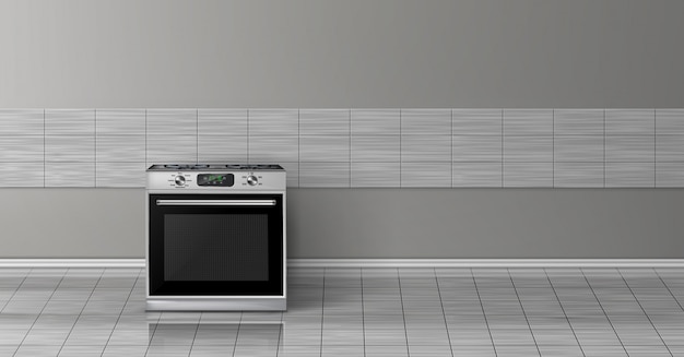 Free vector 3d realistic mock up with modern silver steel stove isolated on gray tile wall.