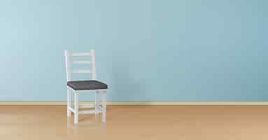 Free vector 3d realistic mock up with white wooden chair isolated on blue wall