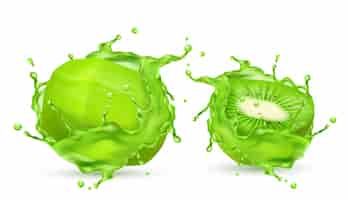 Бесплатное векторное изображение 3d реалистичные очищенные тропические киви в брызгах сока. зеленые экзотические сладкие фрукты в свежий вит