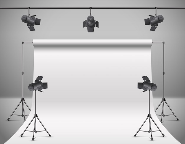 3d realistic photo, video studio with spotlights, white background