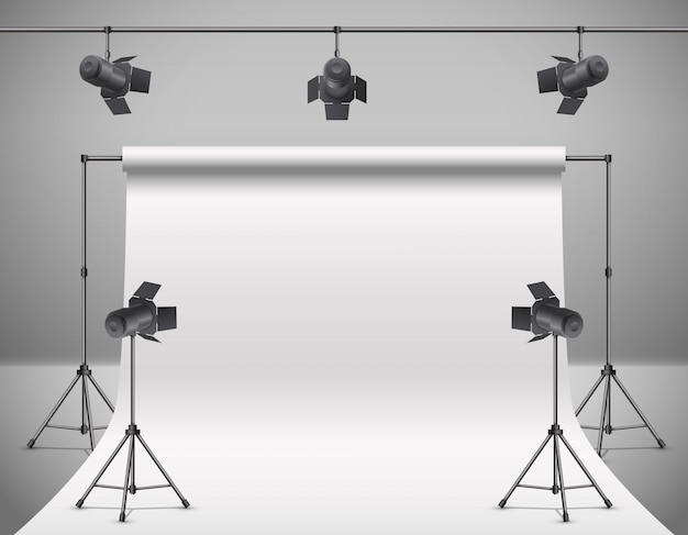 3d реалистичные фото, видеостудия с прожекторами, на белом фоне
