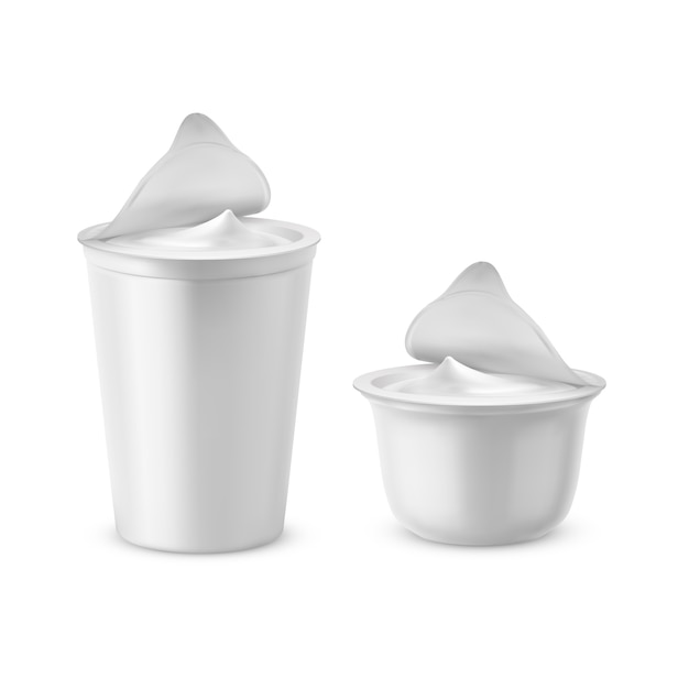 3d realistic plastic packages with yogurt. Dairy sour cream with foil lid, cap