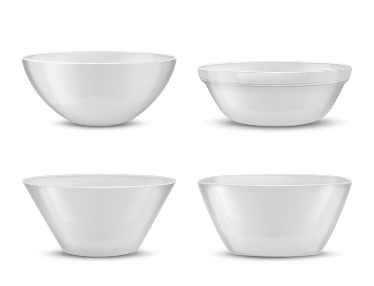 Free Vector 3d realistic porcelain tableware, white glass dishes for different food. 