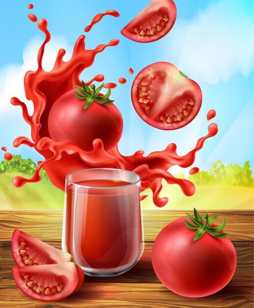 3d realistic promo banner with tomato juice in splashes, glass cup.