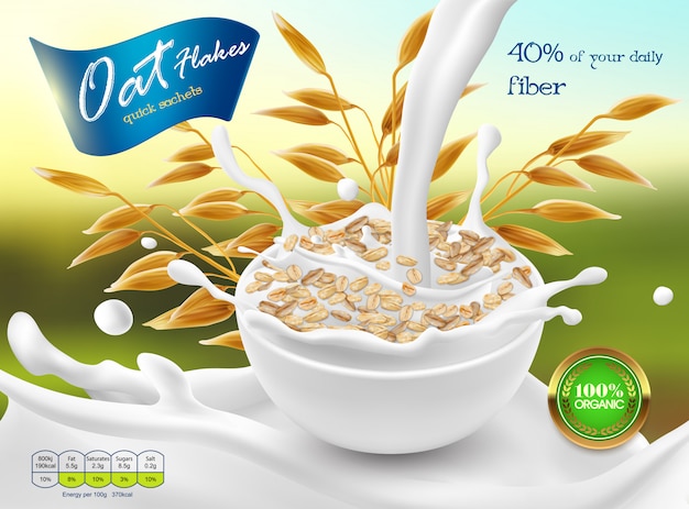 Free vector 3d realistic promo poster, banner of oat flakes. cereal ears, grains with white bowl