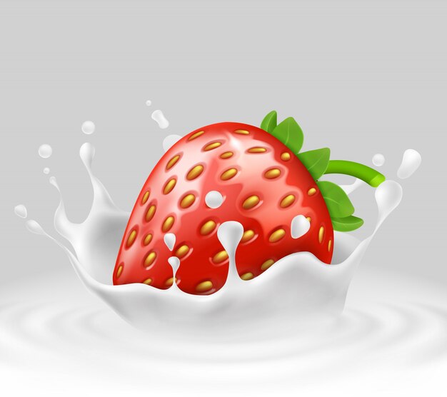 3d realistic ripe strawberry in splashing milk. Sweet food with spatter, drops 