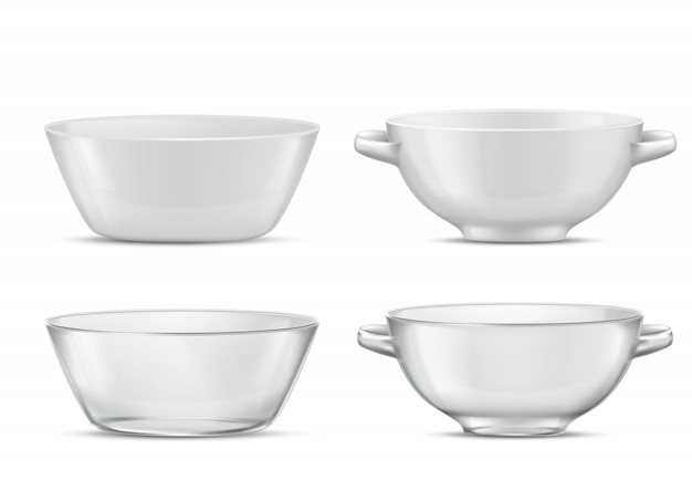 Бесплатное векторное изображение 3d реалистичный набор прозрачной посуды или белых фарфоровых изделий с ручками стекло или фарфор