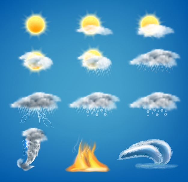 Free vector 3d realistic set of weather forecast icons for web interfaces or mobile apps