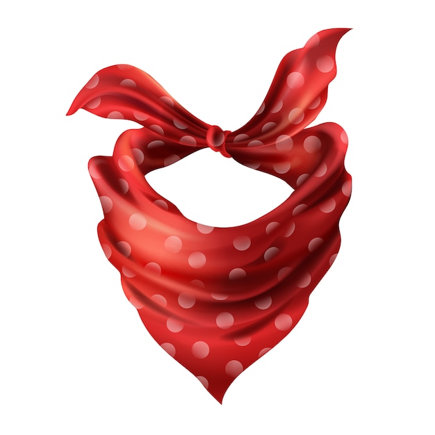 3dリアルなシルクの赤い首のスカーフ。点在したネクタイの生地。スカーレットバンダナ