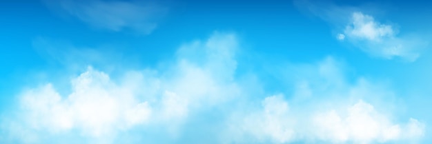 Free vector 3d realistic sky background with fluffy cloud vector texture blue air pattern with white abstract cloudy meteorology smoky environment beautiful natural cloudscape with sunshine panoramic banner