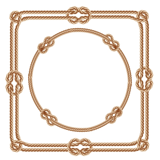 Free vector 3d realistic square and round frames, made from fiber ropes.