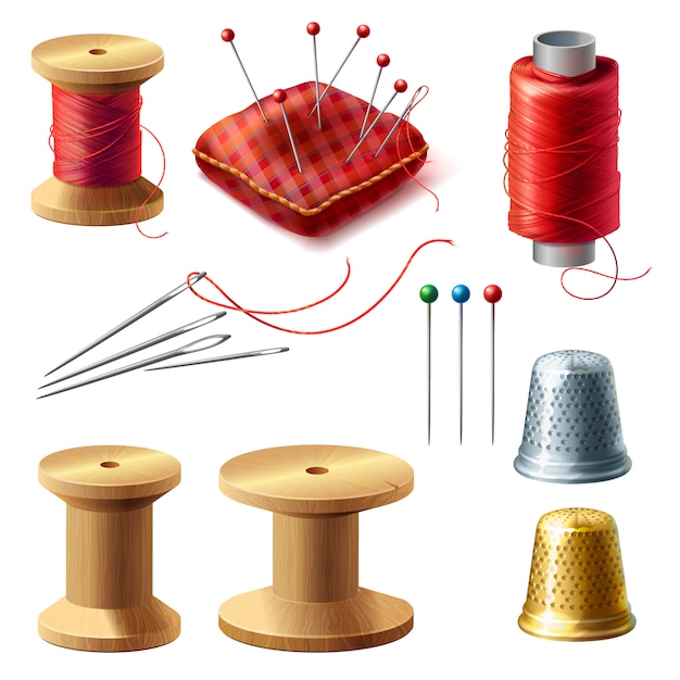 3d realistic tailor set. Wooden reel with threads, needles for dressmaking, needlework