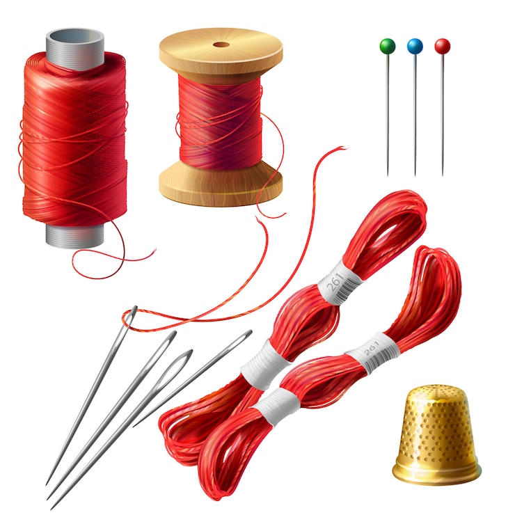 मुफ़्त वेक्टर 3d realistic tailor set. wooden reel with threads, needles and pins for dressmaking
