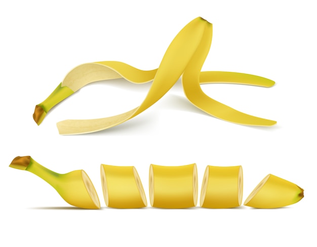スライスと3d現実的な熱帯バナナの杭。黄色のエキゾチックなスイートフルーツ