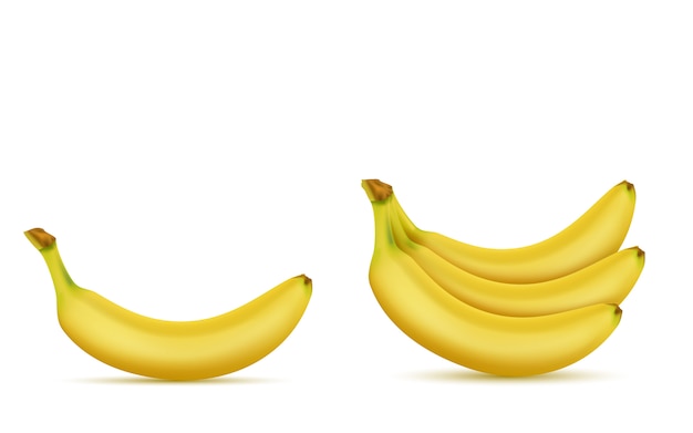 Vettore gratuito insieme tropicale realistico della banana 3d. frutta esotica gialla dolce per banner pubblicitario, poster