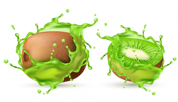 3d realistic tropical kiwi in splashes of juice.