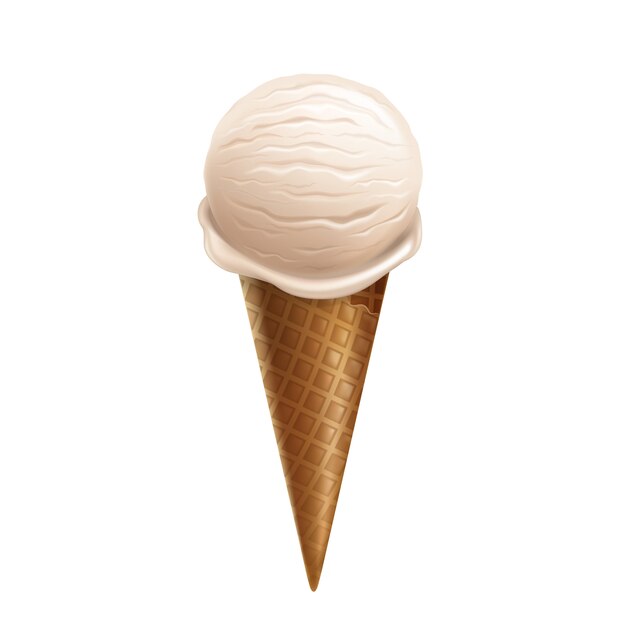 3つの現実的なバニラアイスクリームは、ワッフルコーンの白い背景にある。