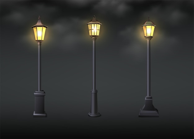 Vettore gratuito illustrazione di icone vettoriali realistiche 3d vecchie luci di strada con effetto fumo scuro