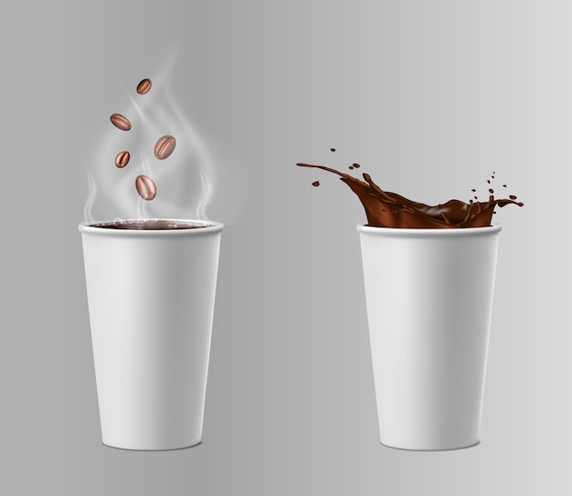 Illustrazione di icone vettoriali realistiche 3d coppe di caffè di carta bianca con spruzzo di caffè e chicchi di caffè