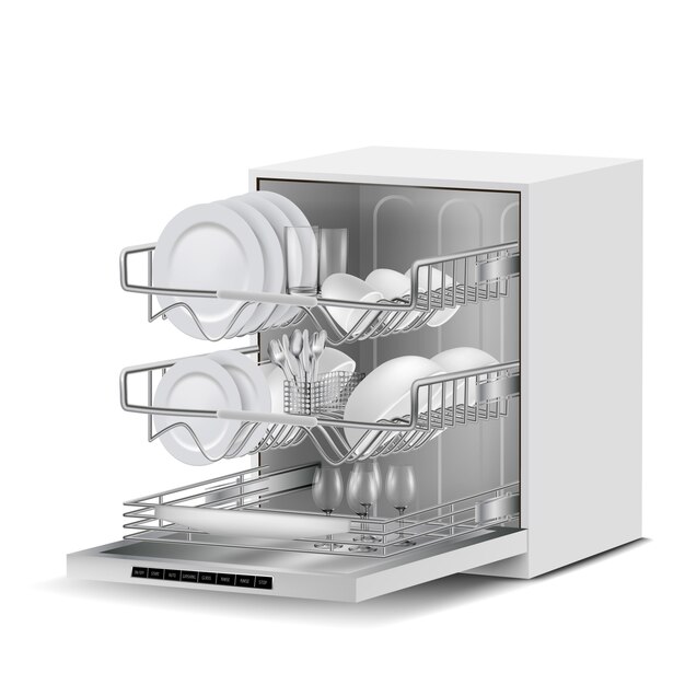 3d realistic white dishwasher machine with three metal racks, filled with clean plates, glass