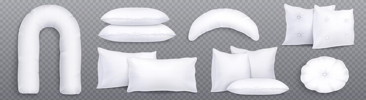 Free Vector 3d realistic white long pregnancy body pillow isolated mockup cushion and meditation soft comfort pillowcase set rectangular and circle shape bed or sofa fluffy textile design front and side view