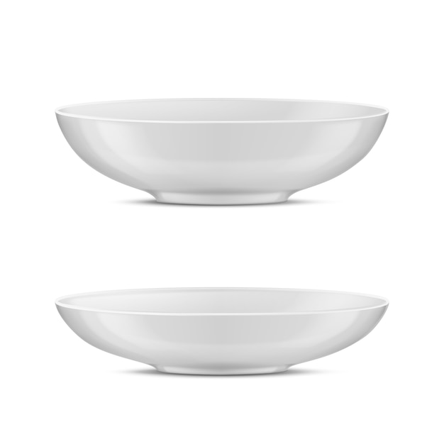 3d realistic white porcelain tableware, glass dishes for different food.