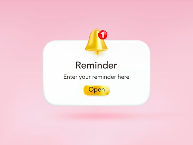 3D reminder notifications page with golden bell and floating elements