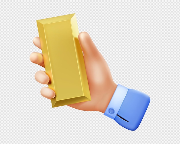 Free vector 3d render hand holding golden ingot metal bar