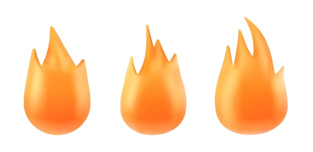 Free vector 3d render hot fire burn icon emoticon illustration png simple shape flame animation sprite emblem collection isolated on white background orange clipart with warm bonfire set plastic design